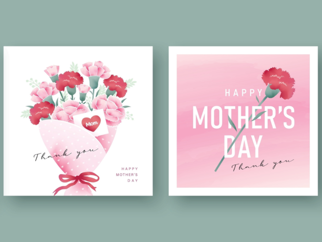 Left: A Mother's Day card design with a white and red rose bucket. Right: Mother's Day card design with a red rose going through the writing. 